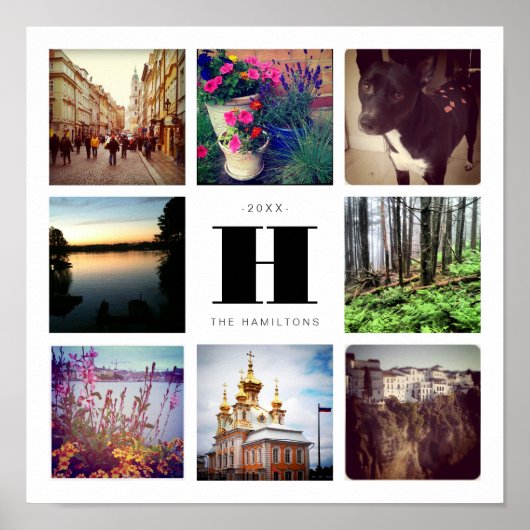 家族モノグラムと8角形フォトコラージュ ポスター (正面)