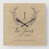 家族モノグラムのの素朴な農家エレガント スクエア壁時計 (正面)