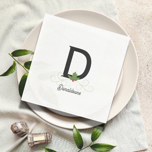 家族モノグラムのクリスマスホリー スタンダードランチョンナプキン