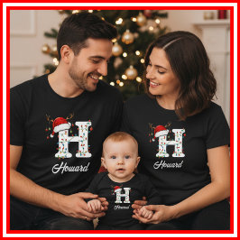 家族モノグラムのクリスマス〔雄ジカの〕枝角サンタハット Tシャツ