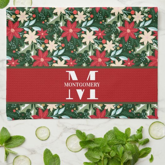 家族モノグラムクリスマスプレイド キッチンタオル (折り畳み)