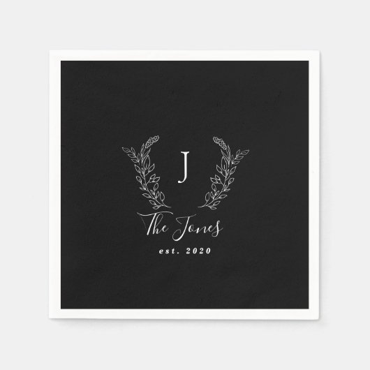 家族モノグラム名エレガント黒パーソナライズされた スタンダードカクテルナプキン (正面)