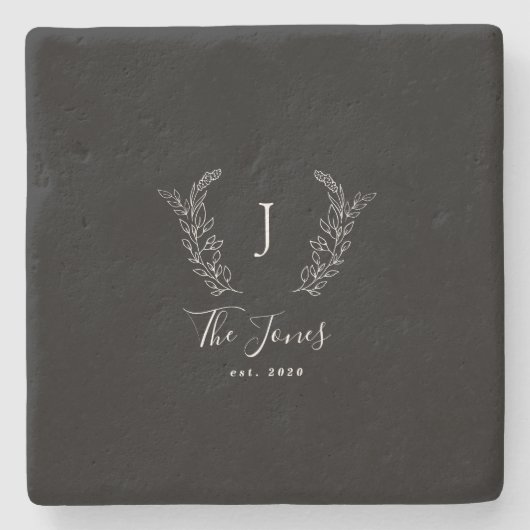 家族モノグラム名パーソナライズされた黒エレガント ストーンコースター (正面)