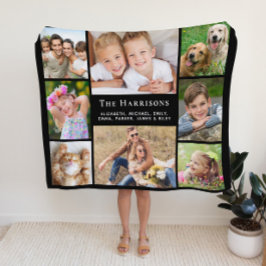 家族モノグラム名8フォトコラージブラック フリースブランケット