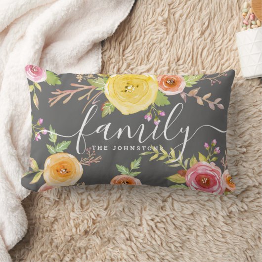 家族モノグラム灰色の黄色のフローラ水色シック ランバークッション (ブランケット)