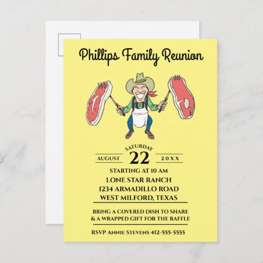 家族会のカウボーイの大きいステーキ インビテーションポストカード (正面/裏面)