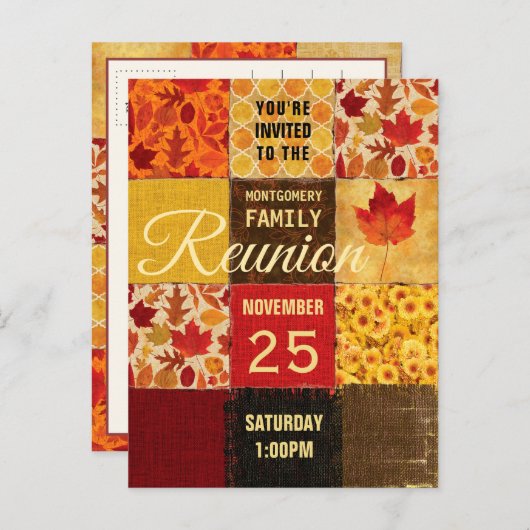 家族会の農家の秋のパッチワークキルト インビテーションポストカード (正面/裏面)