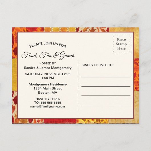 家族会の農家の秋のパッチワークキルト インビテーションポストカード (裏面)