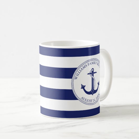 家族会の青く航海のないかりのモノグラムの名前 コーヒーマグカップ (正面右)