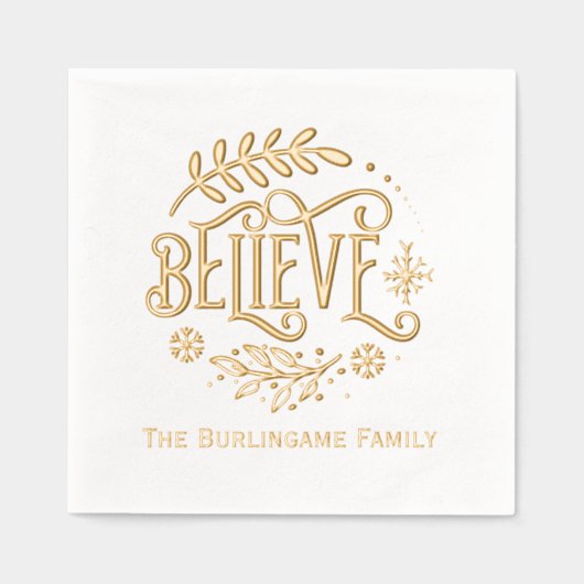 家族信じの名前を付けた「」クリスマス・グリーティング 箔ナプキン (正面)