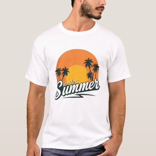 家族再会 夏の夕日 ビーチ ヤシの木 Tシャツ (正面)