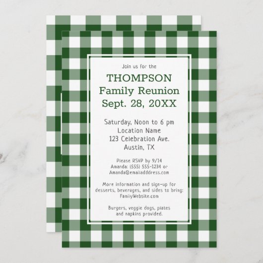 家族再会 緑 白 ブッファロー チェック パーティー 招待状 (正面/裏面)