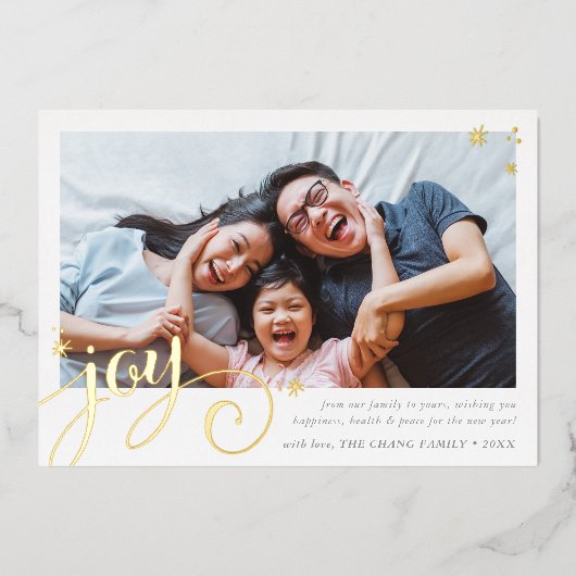 家族写真おもしろいエレガント書道JOY金ゴールド 箔シーズンカード (正面)