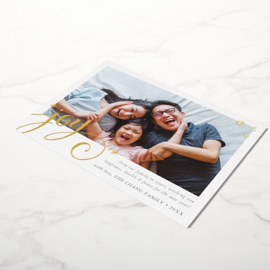 家族写真おもしろいエレガント書道JOY金ゴールド 箔シーズンカード (回転した状態)