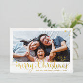 家族写真おもしろい書道楽しいクリスマス 箔シーズンカード (立ち正面)