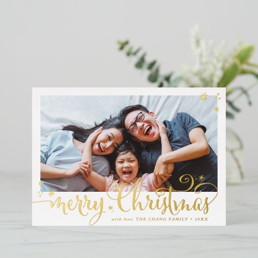 家族写真おもしろい書道楽しいクリスマス 箔シーズンカード (立ち正面)