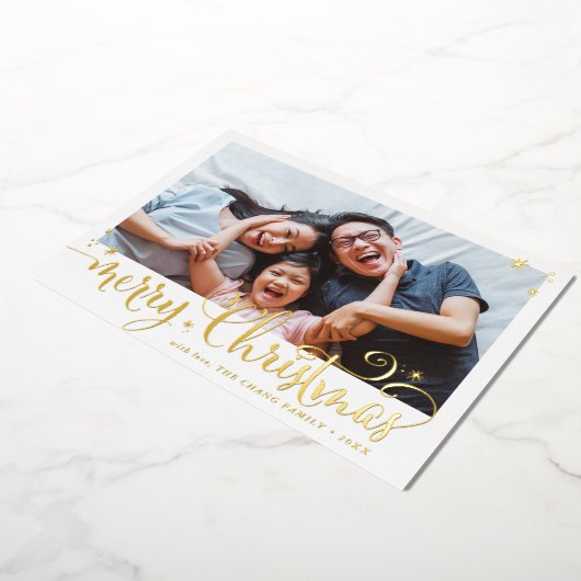 家族写真おもしろい書道楽しいクリスマス 箔シーズンカード (回転した状態)