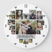 家族写真のコラージュのハートは17の写真白を示します ラージ壁時計 (正面)