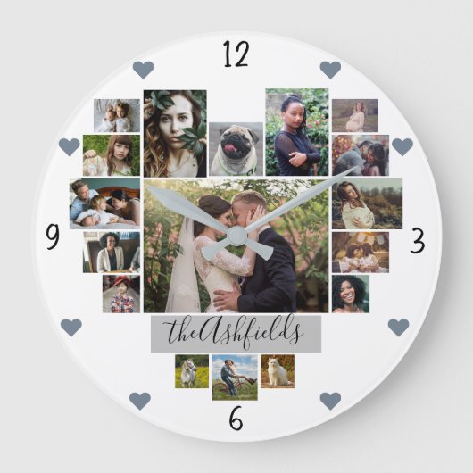家族写真のコラージュのハートは17の写真白を示します ラージ壁時計 (正面)
