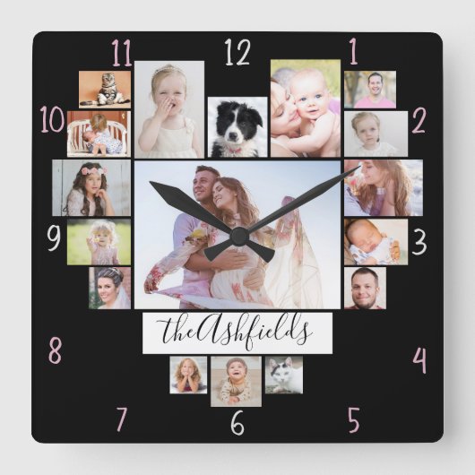 家族写真のコラージュのハートは17の写真黒を示します スクエア壁時計 (正面)