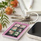 家族写真のコラージュのピンク、パーソナライズな白い点 キーホルダー (正面右)
