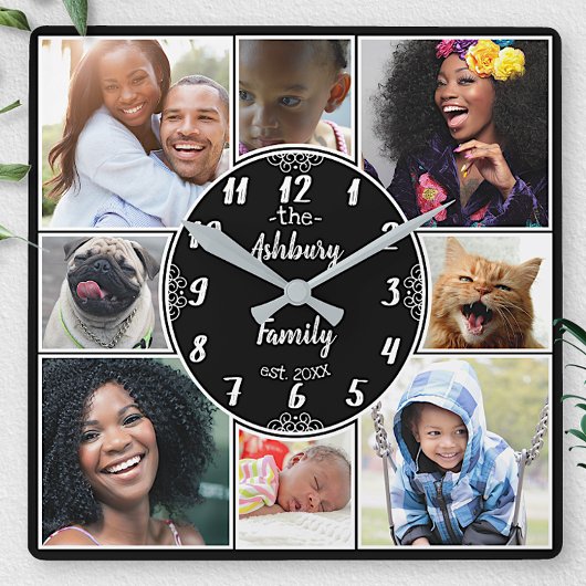 家族写真のコラージュのInstagramの写真の楕円形の名前B スクエア壁時計