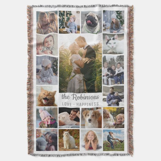 家族写真のコラージュ19の写真 + 一流の灰色白 スローブランケット (正面縦)