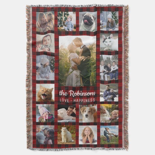 家族写真のコラージュ19 + 一流の赤いバッファローの格子縞 スローブランケット (正面縦)