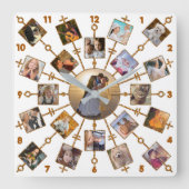 家族写真のコラージュ21の写真のかわいらしいホワイトゴールド スクエア壁時計 (正面)