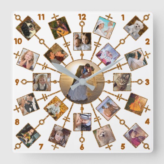 家族写真のコラージュ21の写真のかわいらしいホワイトゴールド スクエア壁時計 (正面)