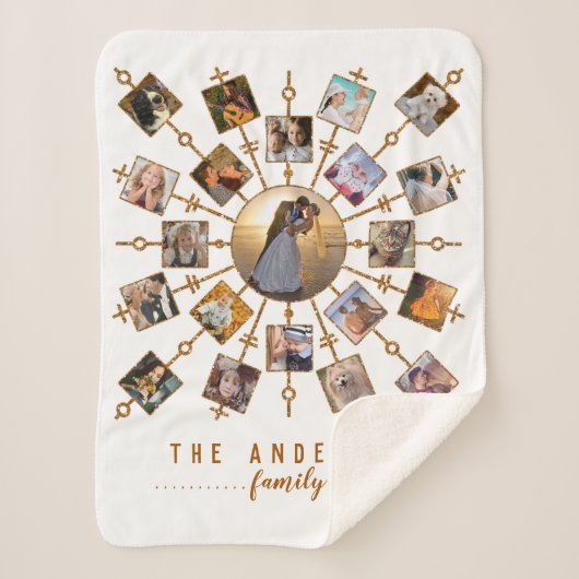 家族写真のコラージュ21の白信号の金ゴールド + 名前 シェルパブランケット (正面)