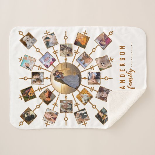 家族写真のコラージュ21の白信号の金ゴールド + 名前 シェルパブランケット (正面(横))