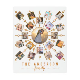 家族写真のコラージュ21の白信号の金ゴールド + 名前 メタルプリント