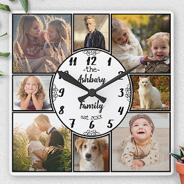 家族写真のコラージュ8のInstagramの写真の楕円形の名前 スクエア壁時計