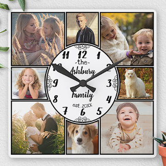 家族写真のコラージュ8のInstagramの写真の楕円形の名前 スクエア壁時計