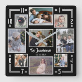 家族写真のコラージュ9 Picの白黒のストライプの名前 スクエア壁時計 (正面)