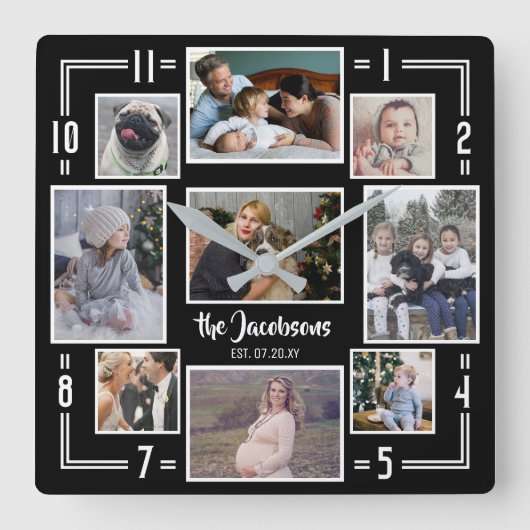 家族写真のコラージュ9 Picの白黒のストライプの名前 スクエア壁時計 (正面)