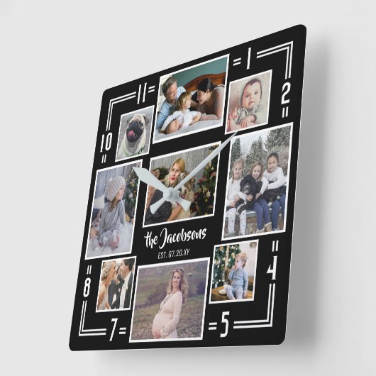 家族写真のコラージュ9 Picの白黒のストライプの名前 スクエア壁時計 (傾斜)