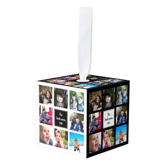 家族写真のコラージュ(白黒モダン) キューブオーナメント (正面アングル)