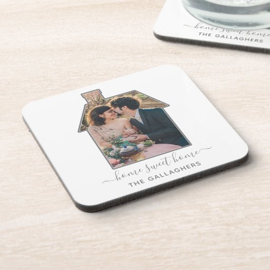 家族写真の家の形の引っ越し祝いパーティーの結婚祝い コースター (左側)