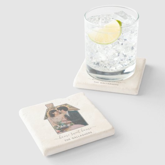 家族写真の家の形の引っ越し祝いパーティーの結婚祝い ストーンコースター (横)