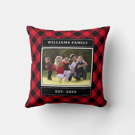 家族写真の赤いBuiffaloの格子縞のモノグラムの名前 クッション (裏面)