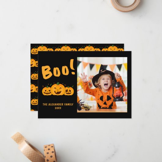 家族写真オレンジカボチャ黒ハロウィーンブー ノートカード (正面/裏面インサイチュ)