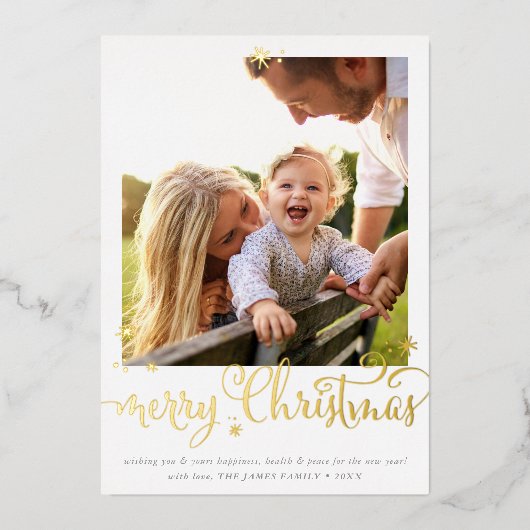 家族写真クリスマスおもしろい書道メリー赤 箔シーズンカード (正面)