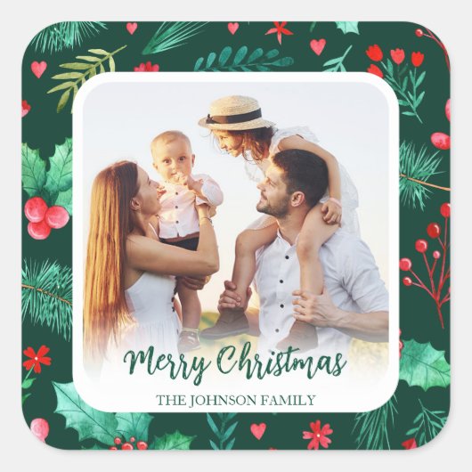 家族写真クリスマスウォーターカラーボタニカル スクエアシール (正面)
