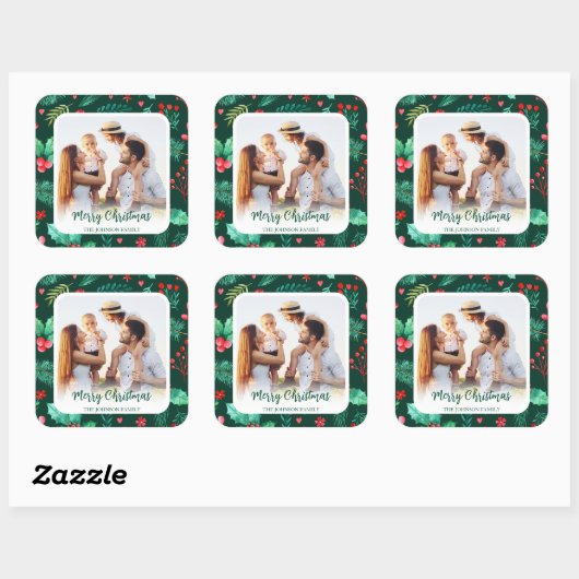 家族写真クリスマスウォーターカラーボタニカル スクエアシール (シート)