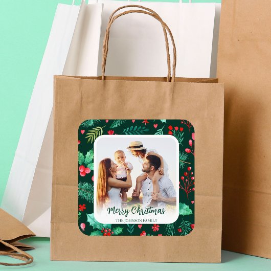 家族写真クリスマスウォーターカラーボタニカル スクエアシール