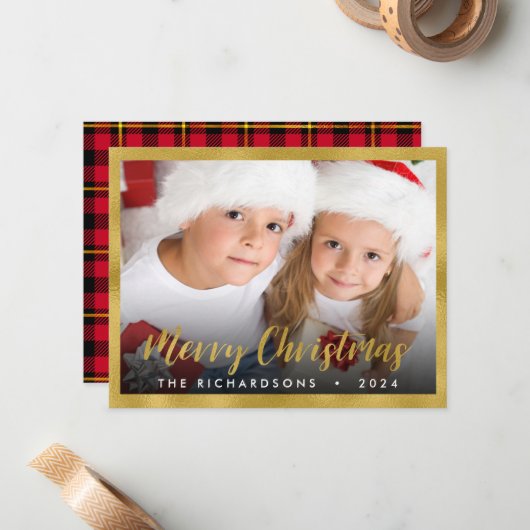 家族写真クリスマスゴールドフォイルスクリプトホリデー ノートカード (正面/裏面インサイチュ)