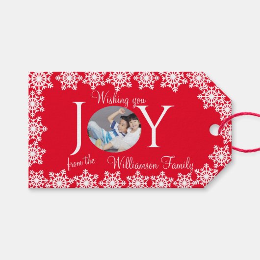 家族写真クリスマスレッドホワイトスノーフレークH ギフトタグ (正面(横))