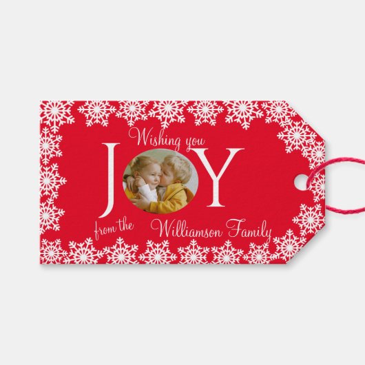 家族写真クリスマスレッドホワイトスノーフレークV ギフトタグ (正面(横))